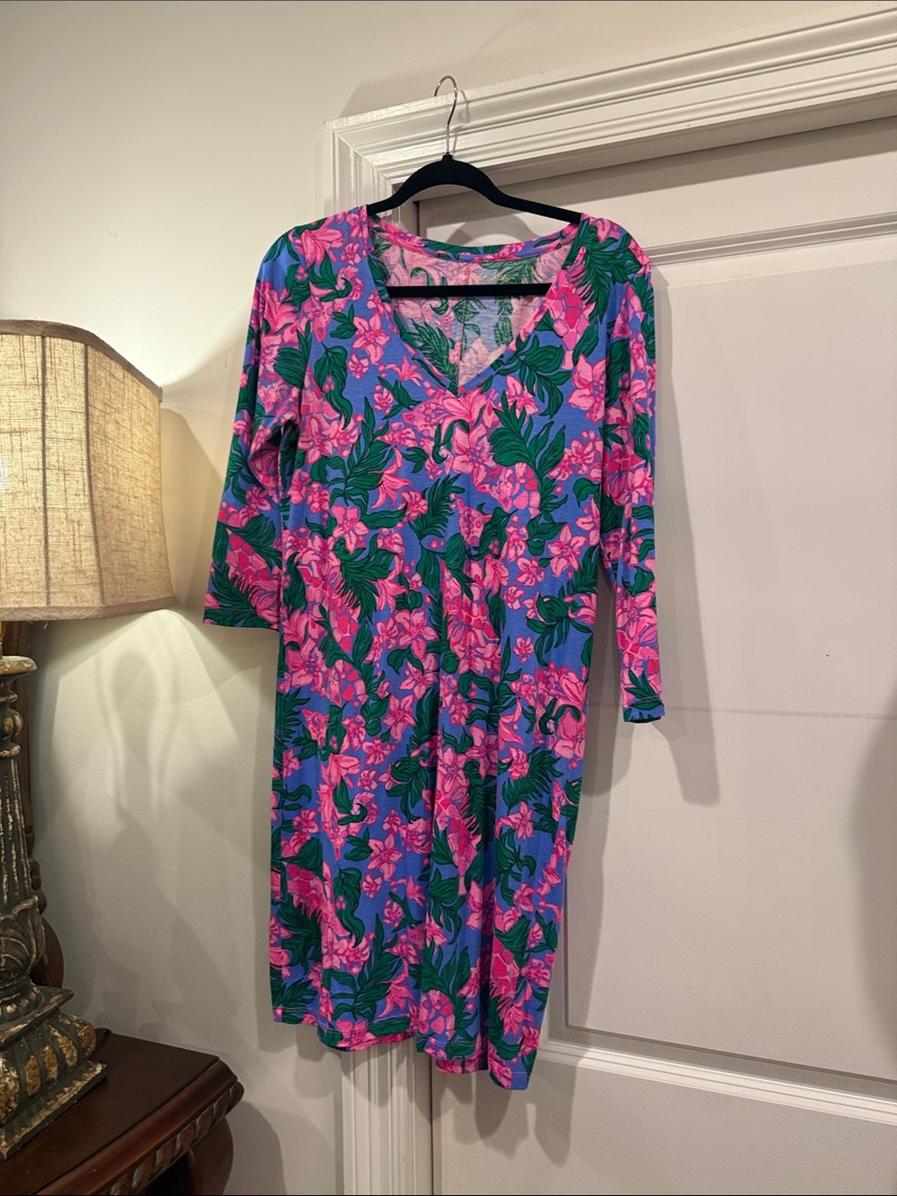 Lilly Pulitzer Pink & Blue Floral V-Neck Long Sleeve Dress